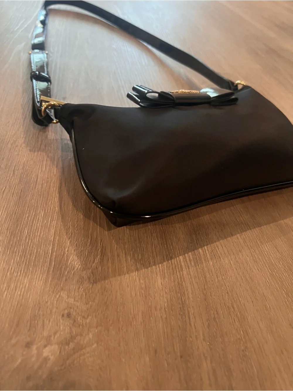 Karl Lagerfeld Black Nylon Crossbody with Patent Bow Accent